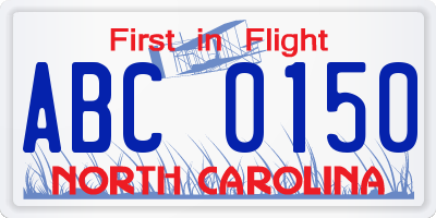 NC license plate ABC0150