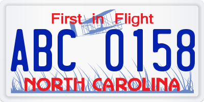 NC license plate ABC0158
