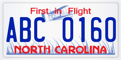 NC license plate ABC0160