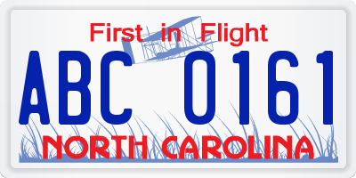 NC license plate ABC0161