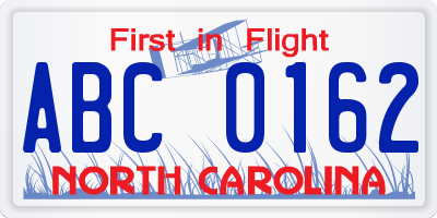 NC license plate ABC0162