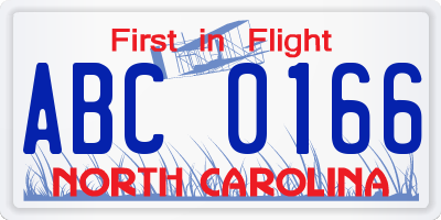 NC license plate ABC0166