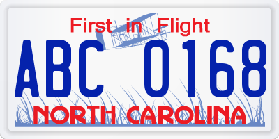 NC license plate ABC0168