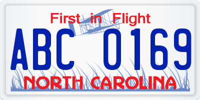 NC license plate ABC0169
