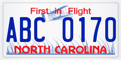 NC license plate ABC0170