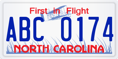 NC license plate ABC0174