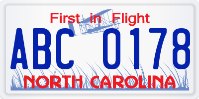 NC license plate ABC0178