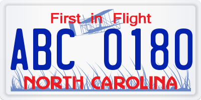 NC license plate ABC0180
