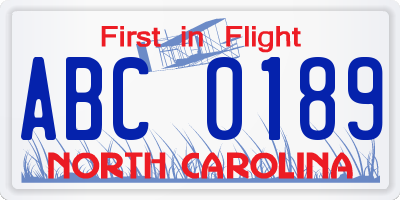 NC license plate ABC0189