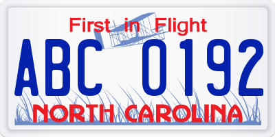 NC license plate ABC0192