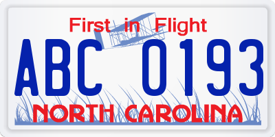 NC license plate ABC0193