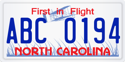 NC license plate ABC0194