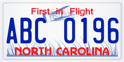 NC license plate ABC0196