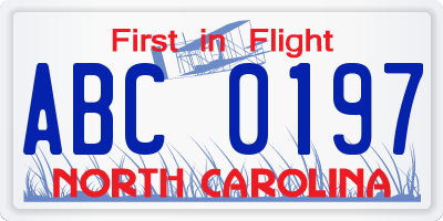 NC license plate ABC0197