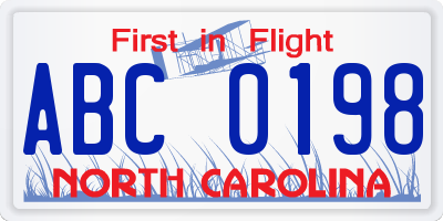 NC license plate ABC0198