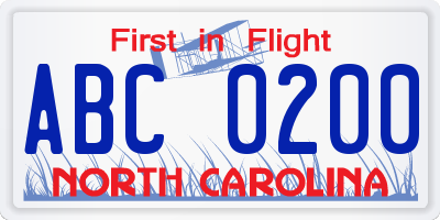 NC license plate ABC0200