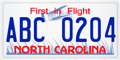 NC license plate ABC0204