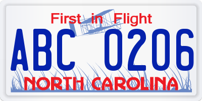 NC license plate ABC0206