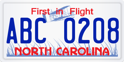 NC license plate ABC0208