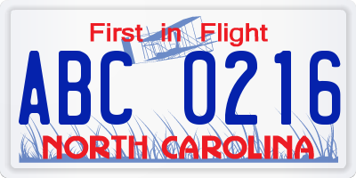 NC license plate ABC0216