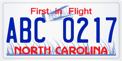 NC license plate ABC0217