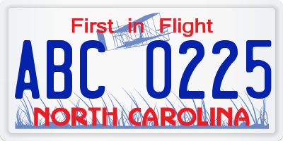 NC license plate ABC0225