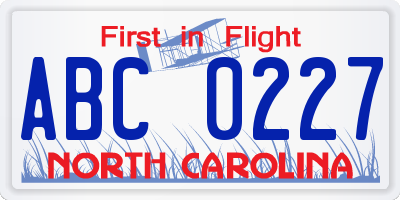 NC license plate ABC0227
