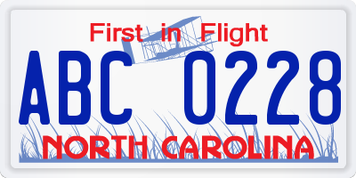 NC license plate ABC0228