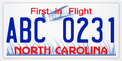 NC license plate ABC0231