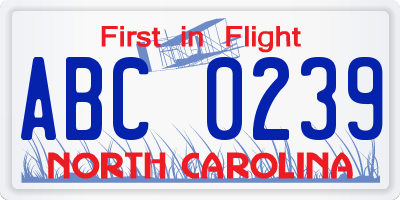 NC license plate ABC0239