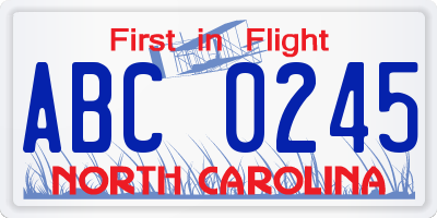 NC license plate ABC0245