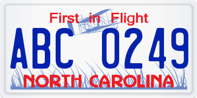 NC license plate ABC0249