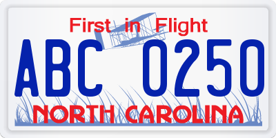 NC license plate ABC0250