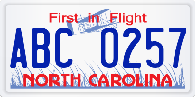 NC license plate ABC0257