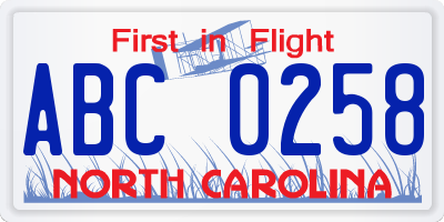 NC license plate ABC0258