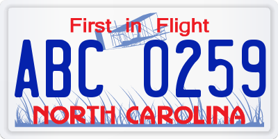 NC license plate ABC0259