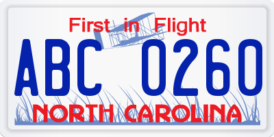 NC license plate ABC0260