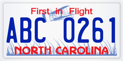 NC license plate ABC0261