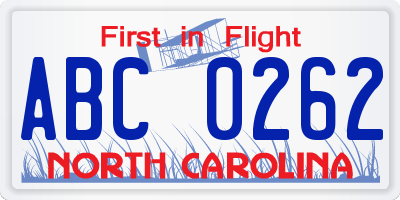 NC license plate ABC0262