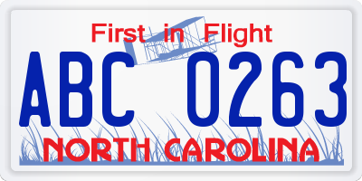 NC license plate ABC0263