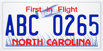 NC license plate ABC0265