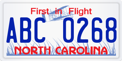 NC license plate ABC0268