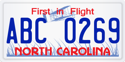 NC license plate ABC0269