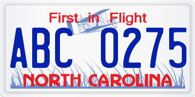 NC license plate ABC0275
