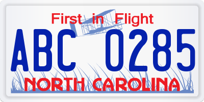 NC license plate ABC0285