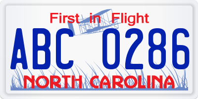 NC license plate ABC0286