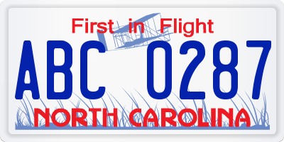 NC license plate ABC0287