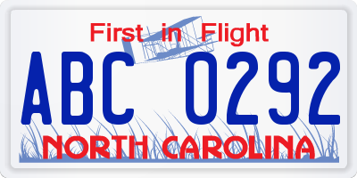 NC license plate ABC0292