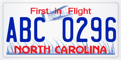 NC license plate ABC0296