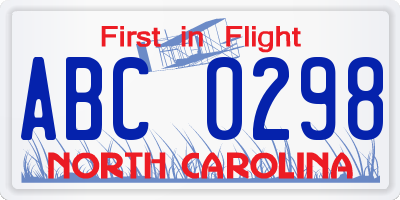 NC license plate ABC0298